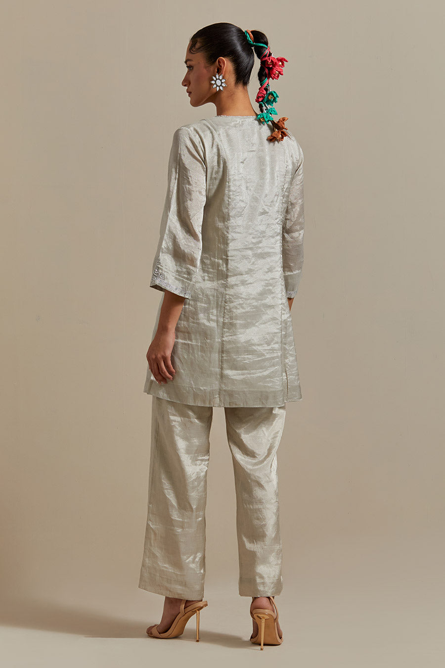 Silver Embroidered Zari Silk Wrap Kurta & Pant Set (Set Of 2)