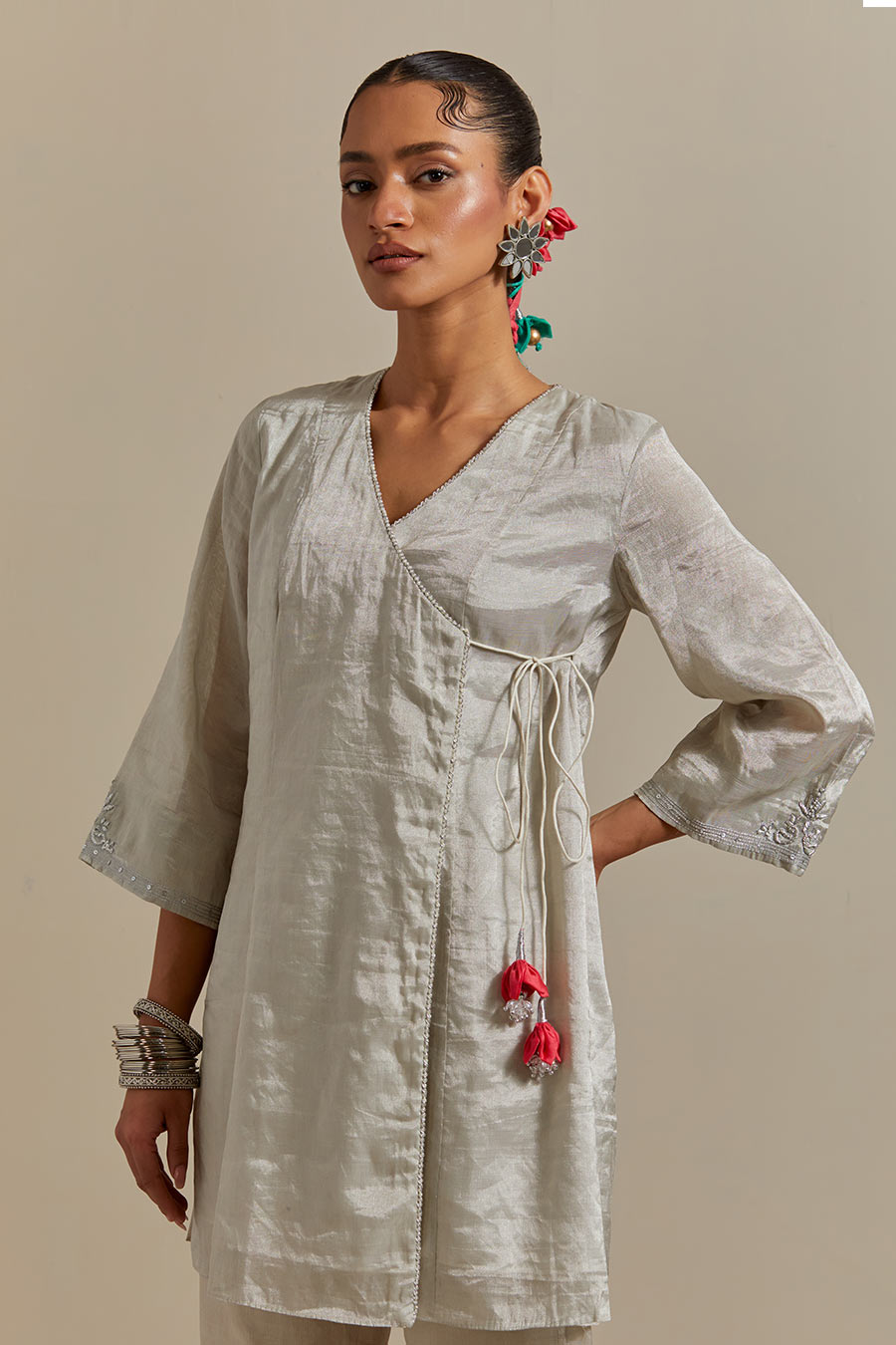 Silver Embroidered Zari Silk Wrap Kurta & Pant Set (Set Of 2)