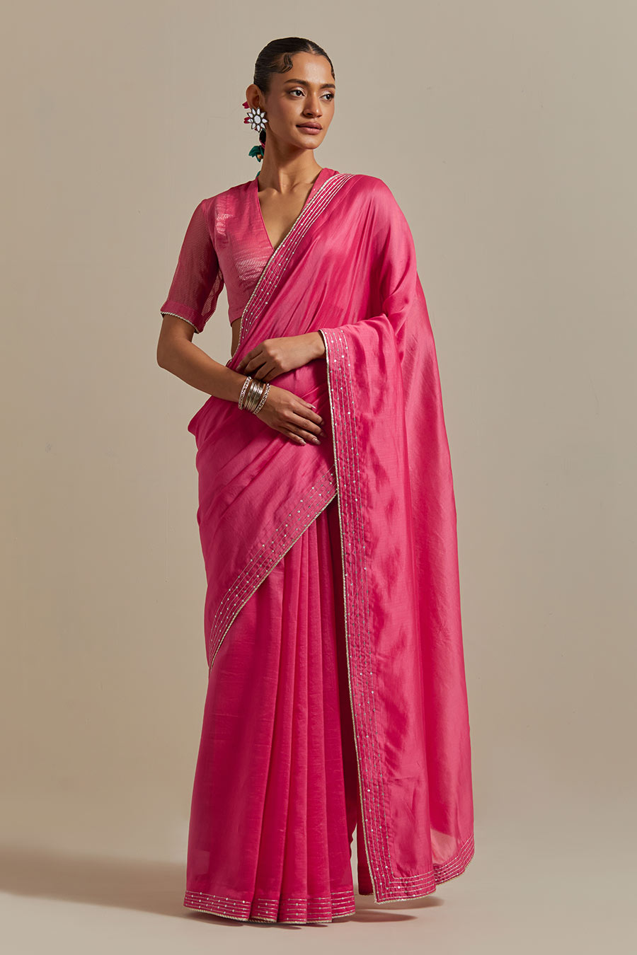 Pink Embroidered Chanderi Saree Set (Set Of 2)