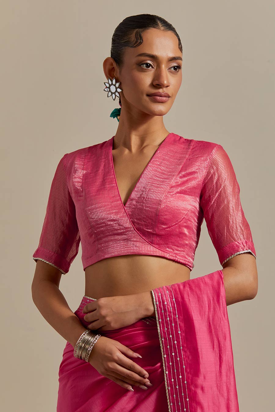Pink Embroidered Chanderi Saree Set (Set Of 2)