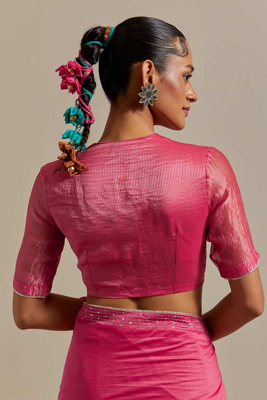 Pink Embroidered Chanderi Saree Set (Set Of 2)
