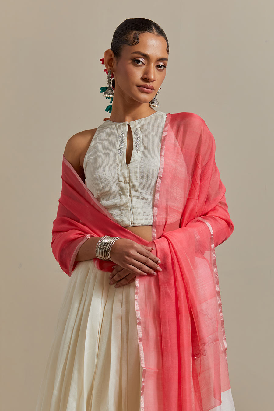 Ivory & Silver Zari Layered Lehenga Set (Set Of 3)