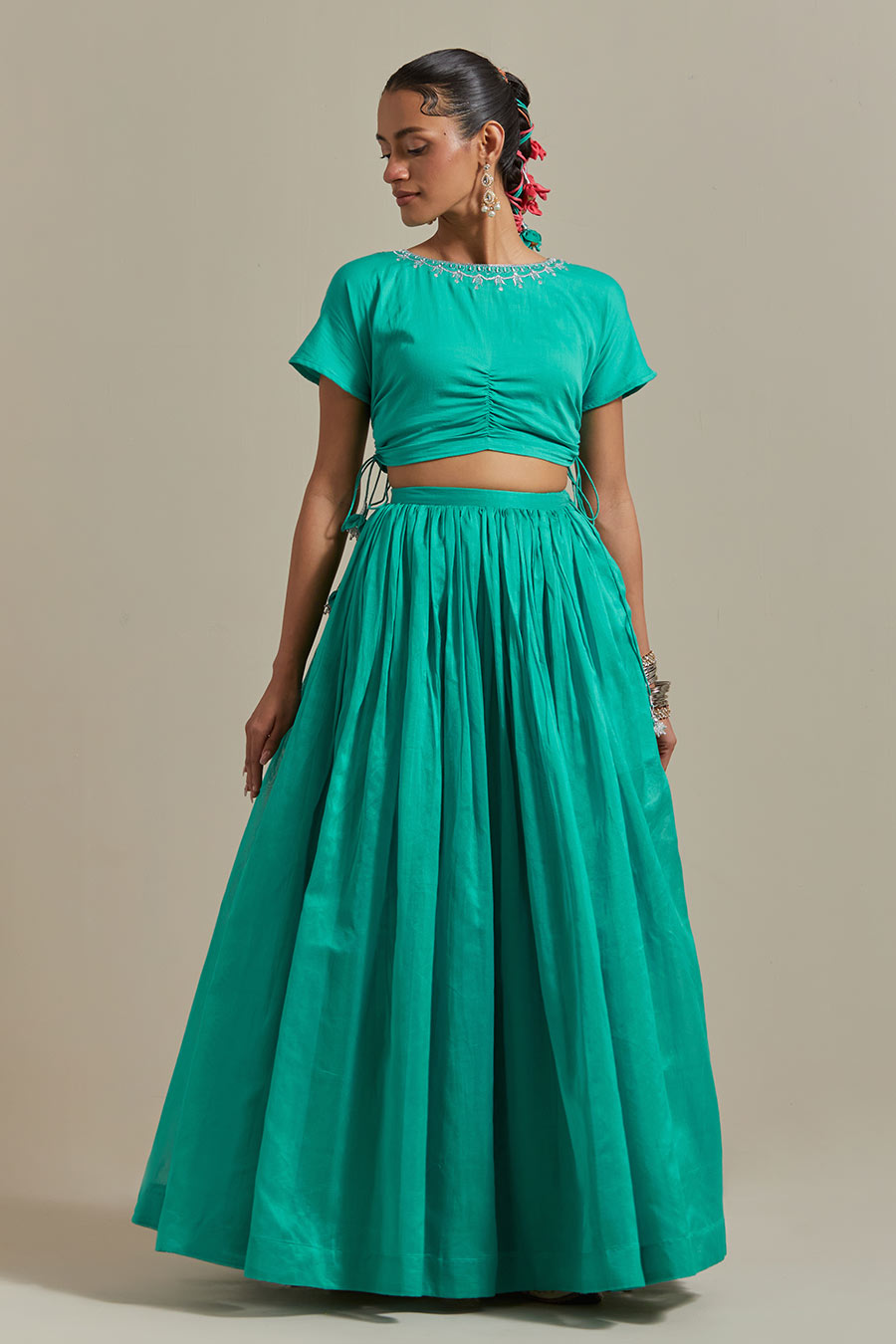 Aqua Green Embroidered Ruched Blouse & Lehenga Set With Dupatta (Set Of 3)