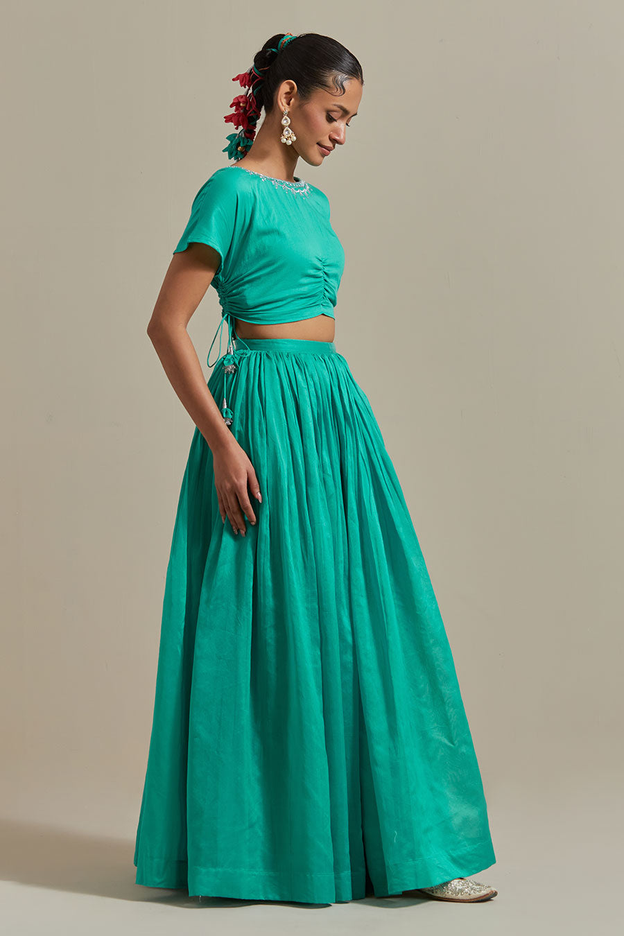 Aqua Green Embroidered Ruched Blouse & Lehenga Set With Dupatta (Set Of 3)