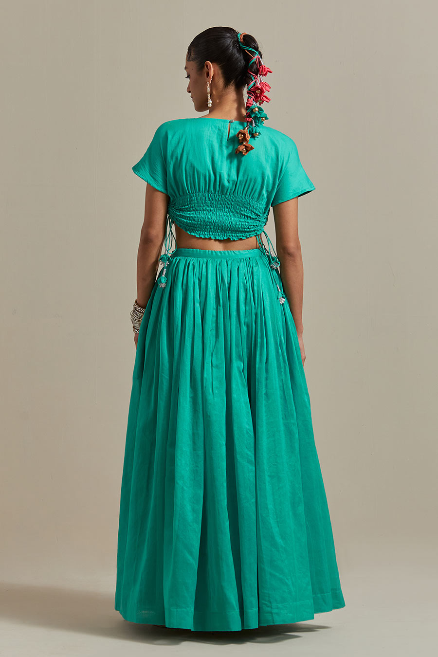 Aqua Green Embroidered Ruched Blouse & Lehenga Set With Dupatta (Set Of 3)