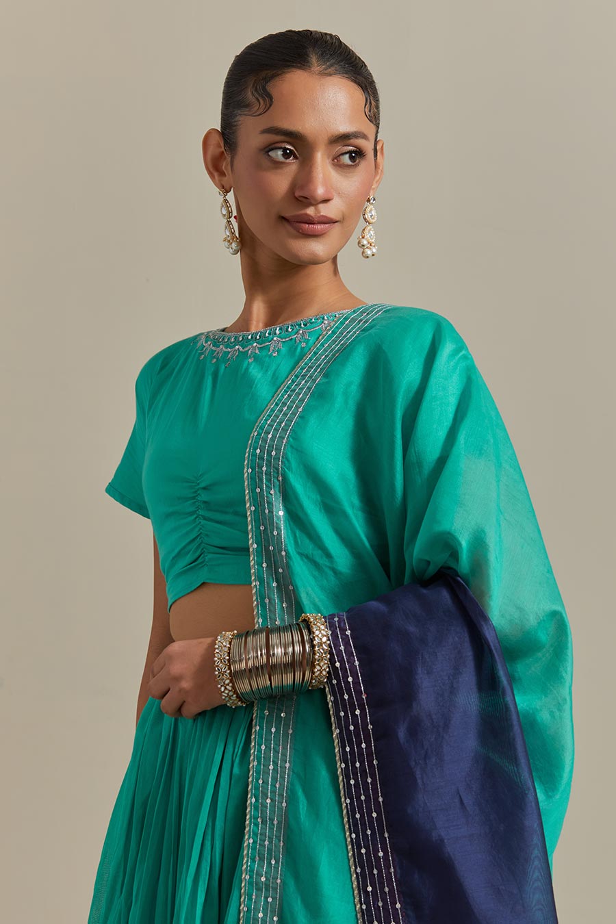 Aqua Green Embroidered Ruched Blouse & Lehenga Set With Dupatta (Set Of 3)