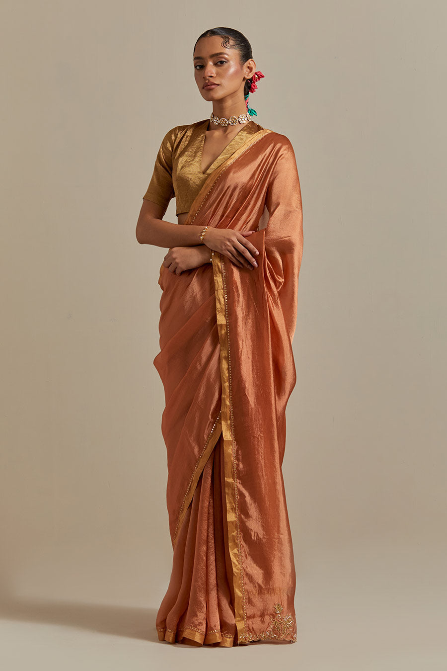 Saffron Brown Embroidered Silk Saree Set (Set Of 2)