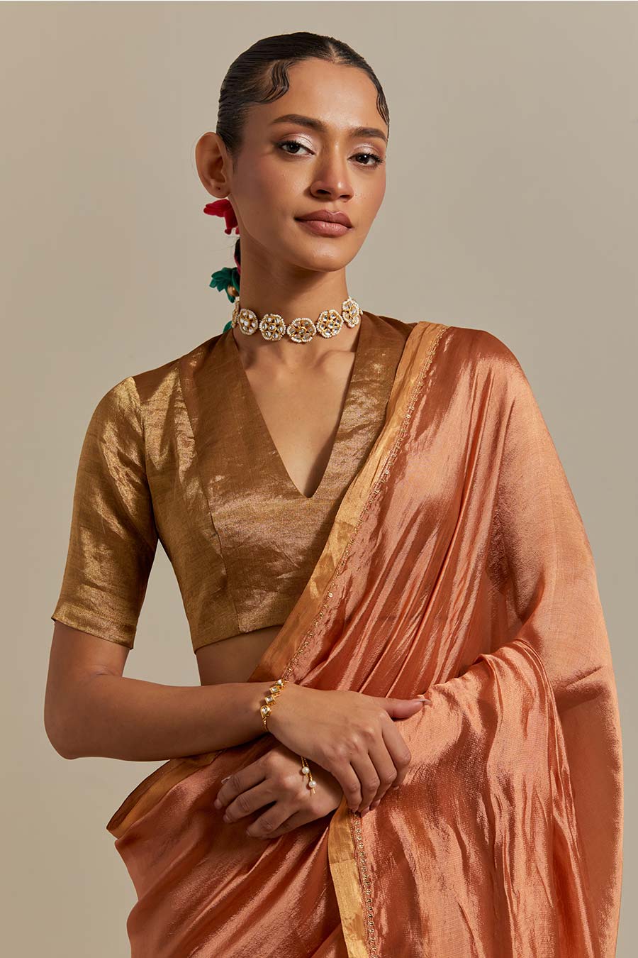 Saffron Brown Embroidered Silk Saree Set (Set Of 2)