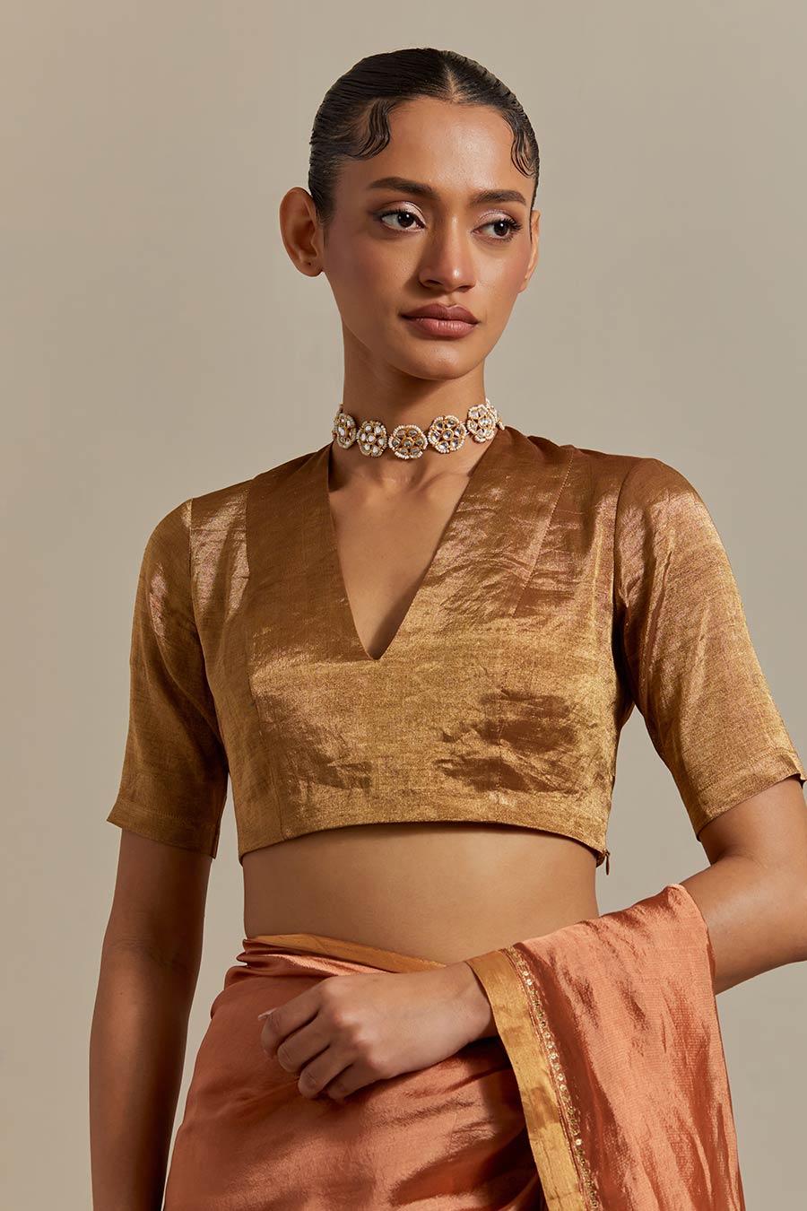 Saffron Brown Embroidered Silk Saree Set (Set Of 2)