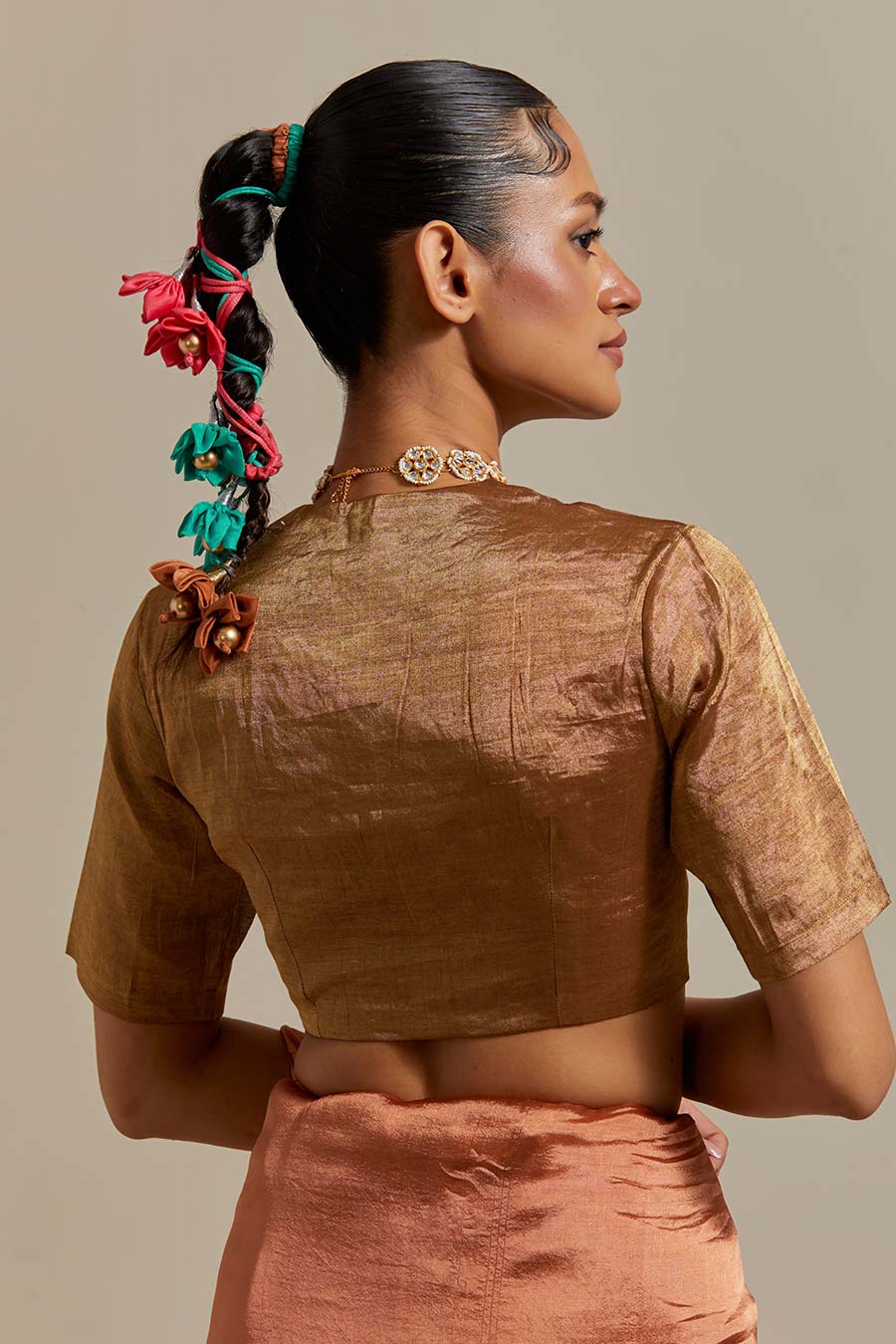 Saffron Brown Embroidered Silk Saree Set (Set Of 2)