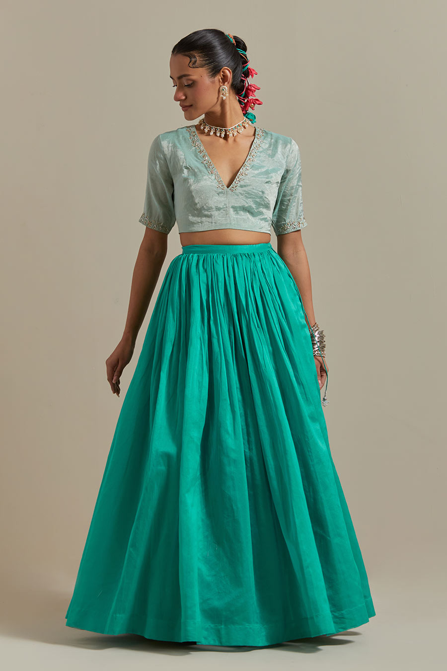 Aqua Green Chanderi Embroidered Lehenga Set (Set Of 3)