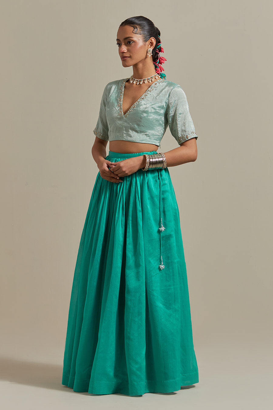 Aqua Green Chanderi Embroidered Lehenga Set (Set Of 3)