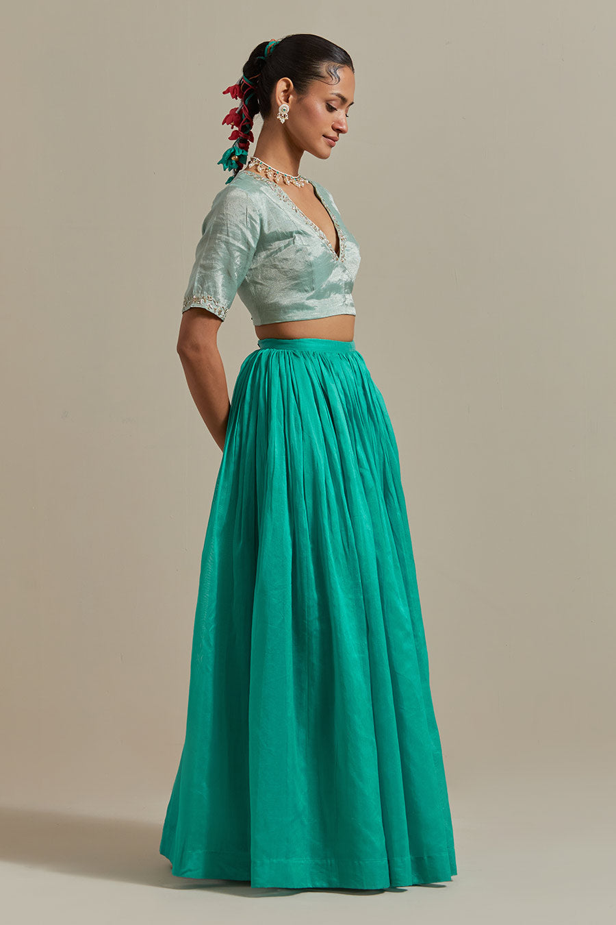 Aqua Green Chanderi Embroidered Lehenga Set (Set Of 3)