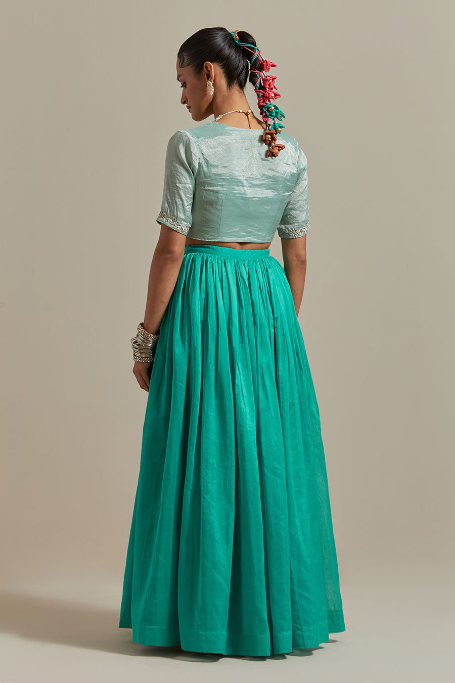 Aqua Green Chanderi Embroidered Lehenga Set (Set Of 3)
