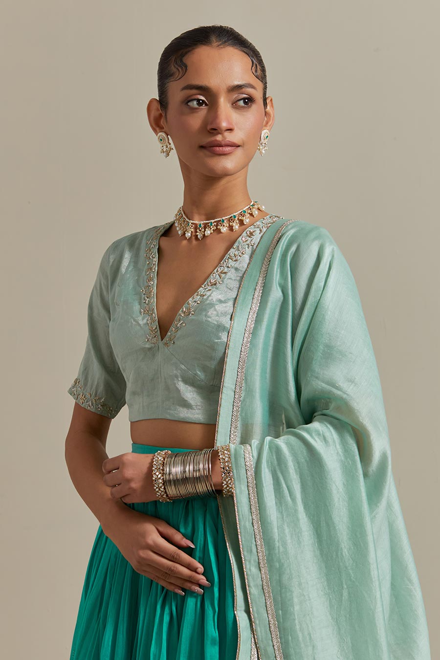 Aqua Green Chanderi Embroidered Lehenga Set (Set Of 3)