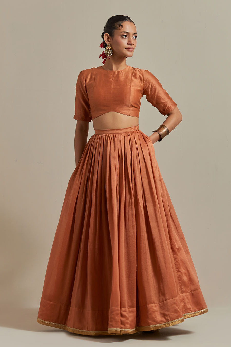 Saffron Brown Chanderi Lehenga Set (Set Of 3)