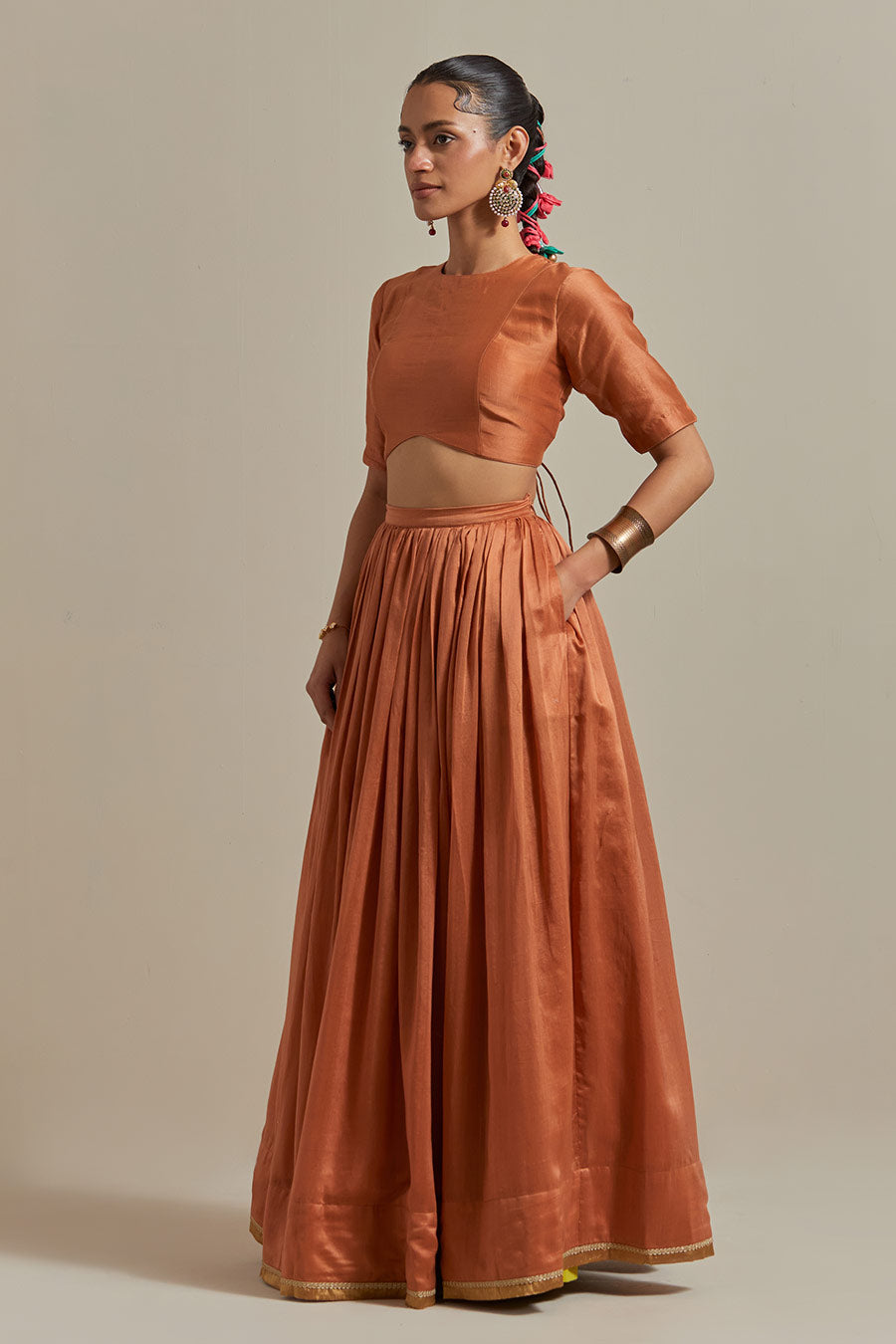 Saffron Brown Chanderi Lehenga Set (Set Of 3)