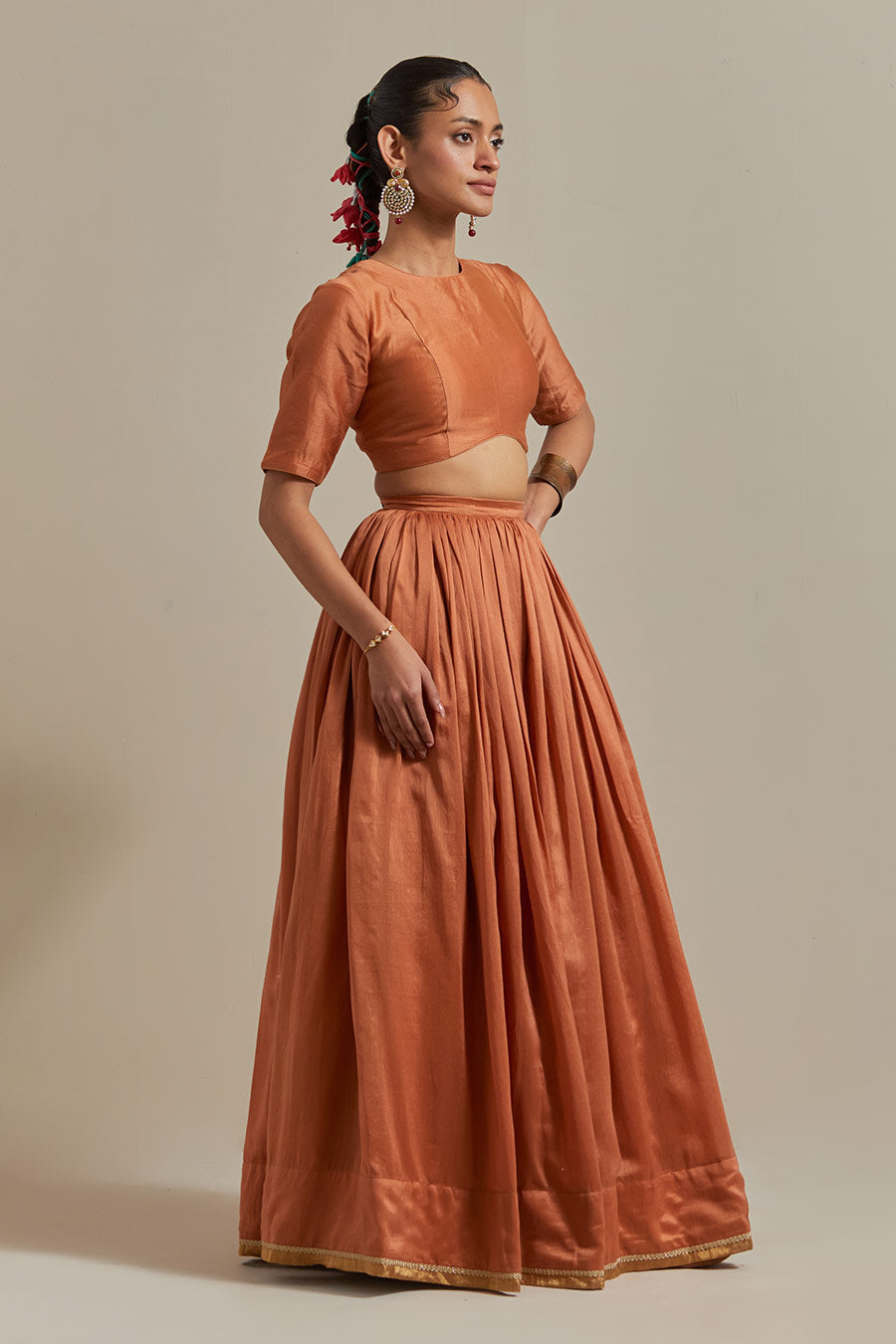 Saffron Brown Chanderi Lehenga Set (Set Of 3)