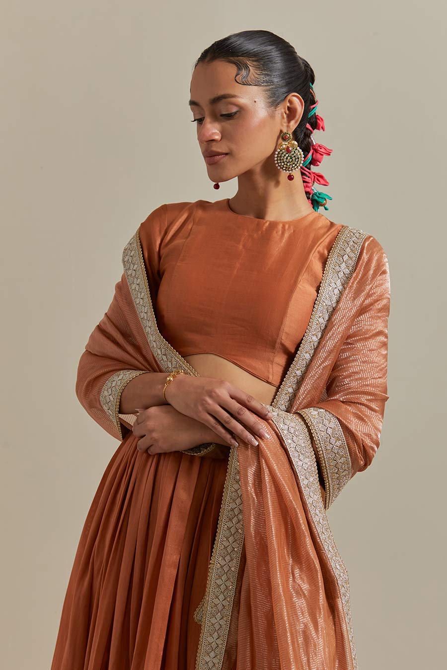 Saffron Brown Chanderi Lehenga Set (Set Of 3)