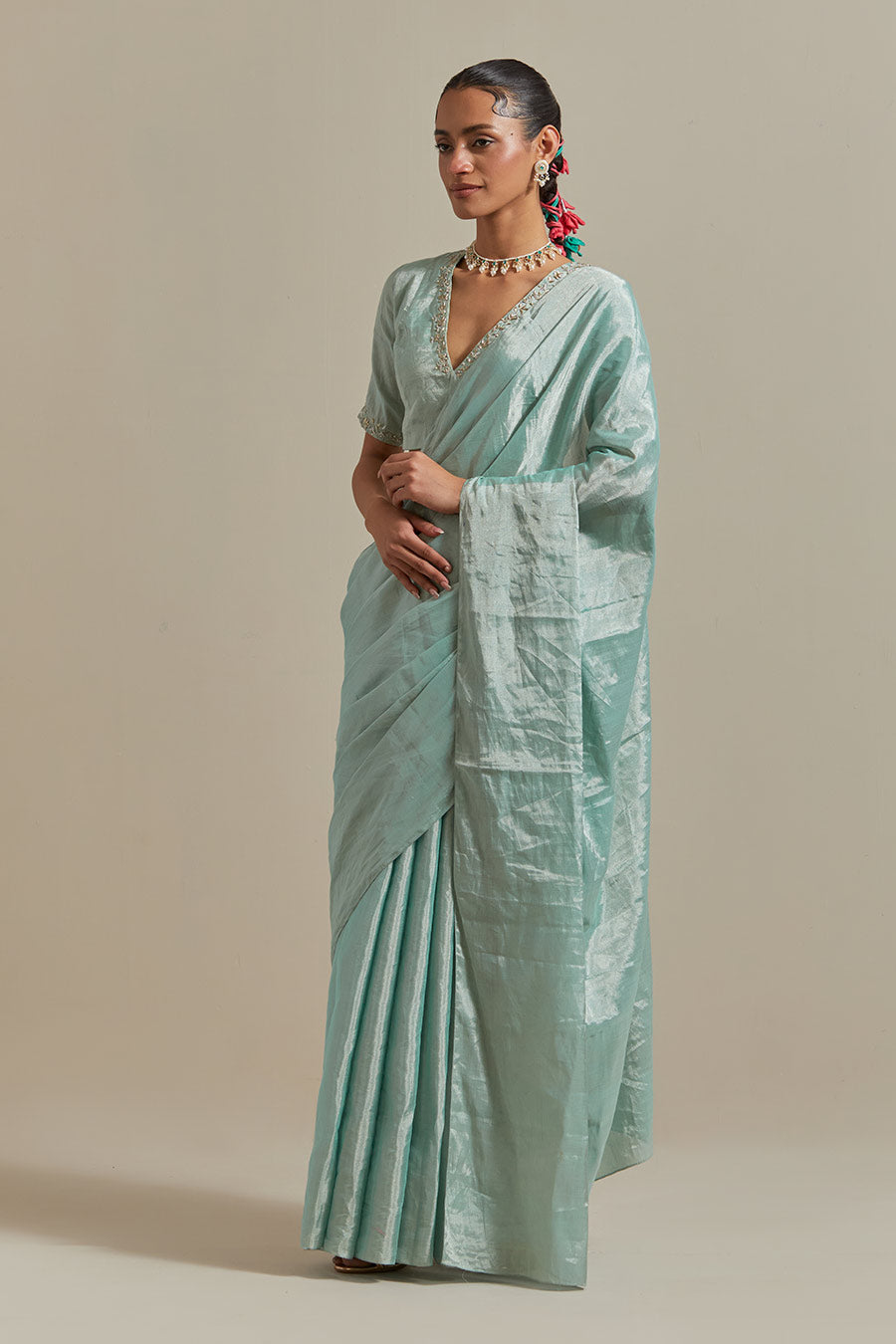 Mint Green Zari Silk Saree Set (Set Of 2)