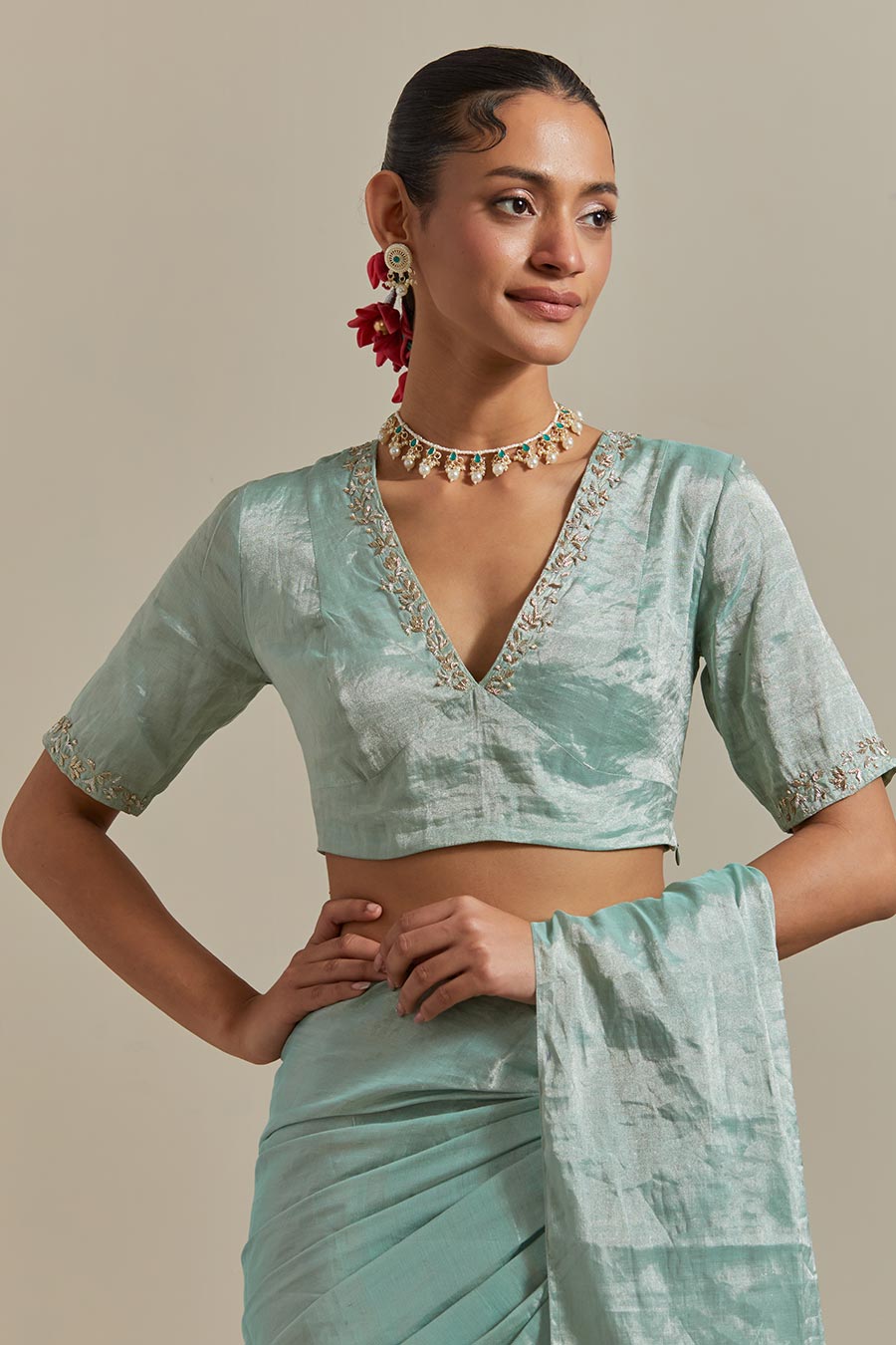 Mint Green Zari Silk Saree Set (Set Of 2)