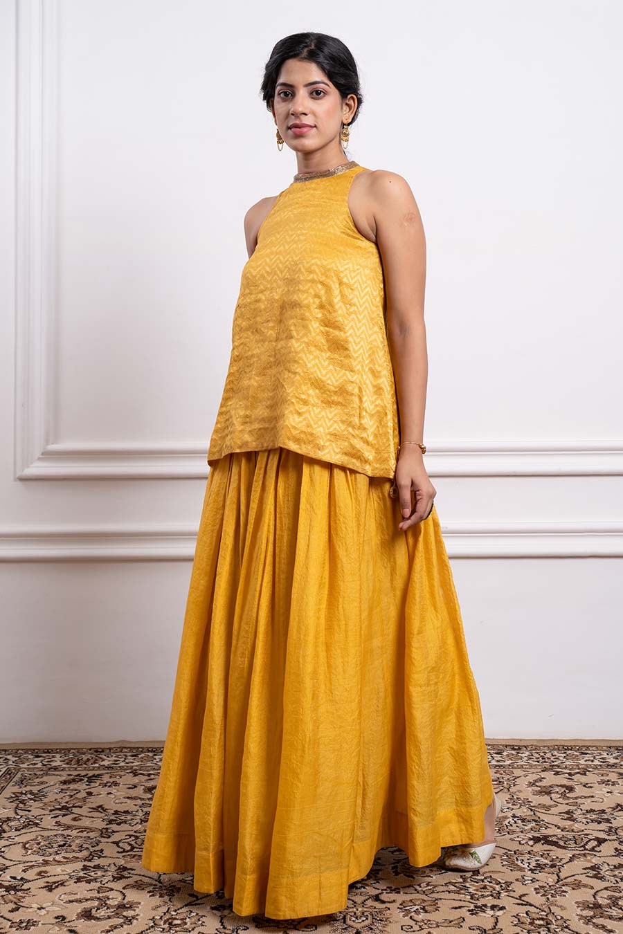 Mustard Short Kurta & Gathered Lehenga Set (Set Of 2)