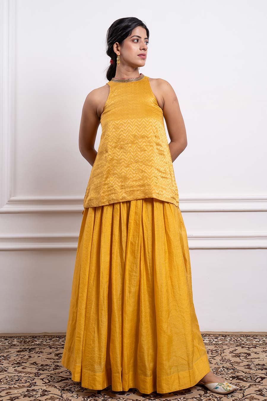 Mustard Short Kurta & Gathered Lehenga Set (Set Of 2)