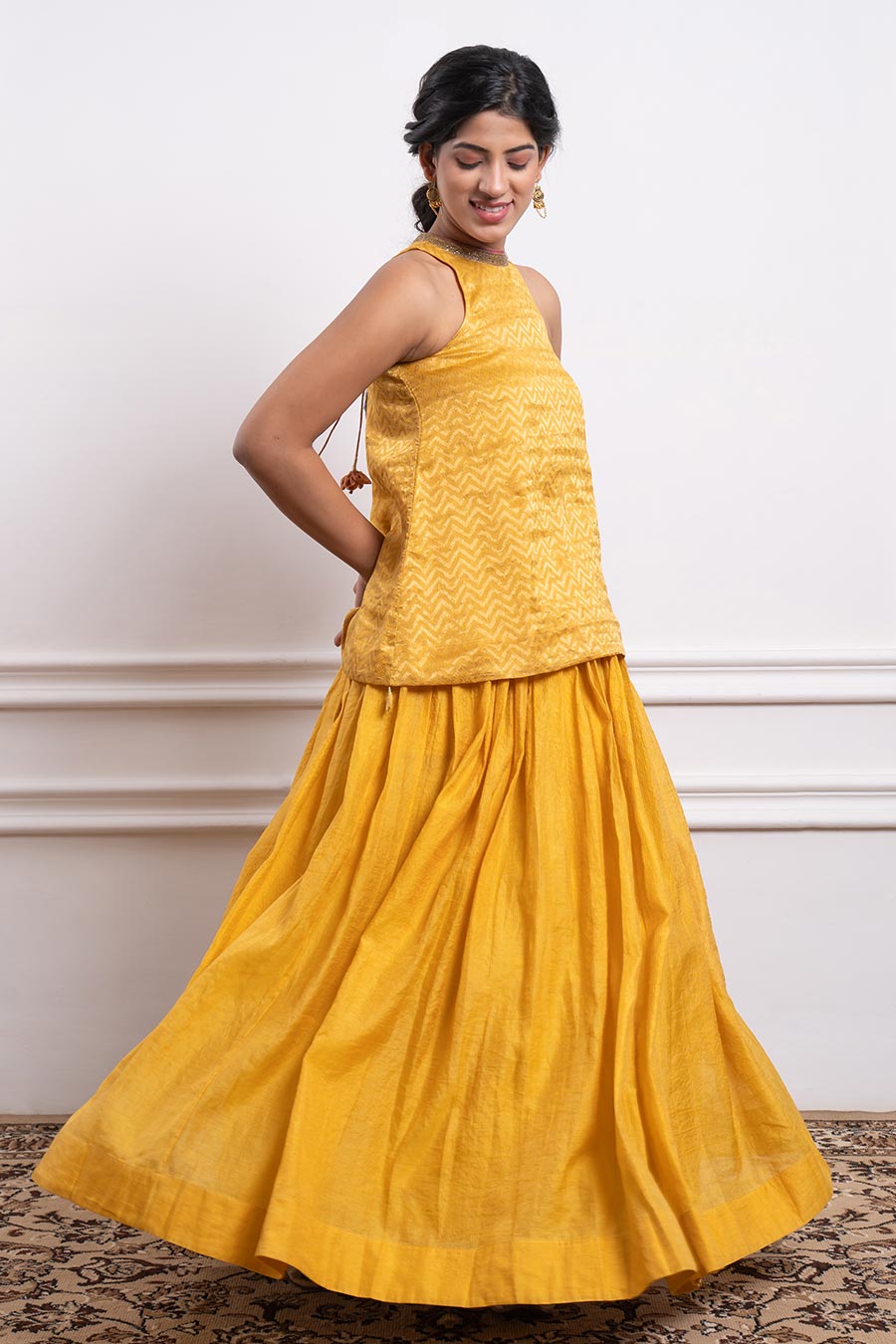 Mustard Short Kurta & Gathered Lehenga Set (Set Of 2)