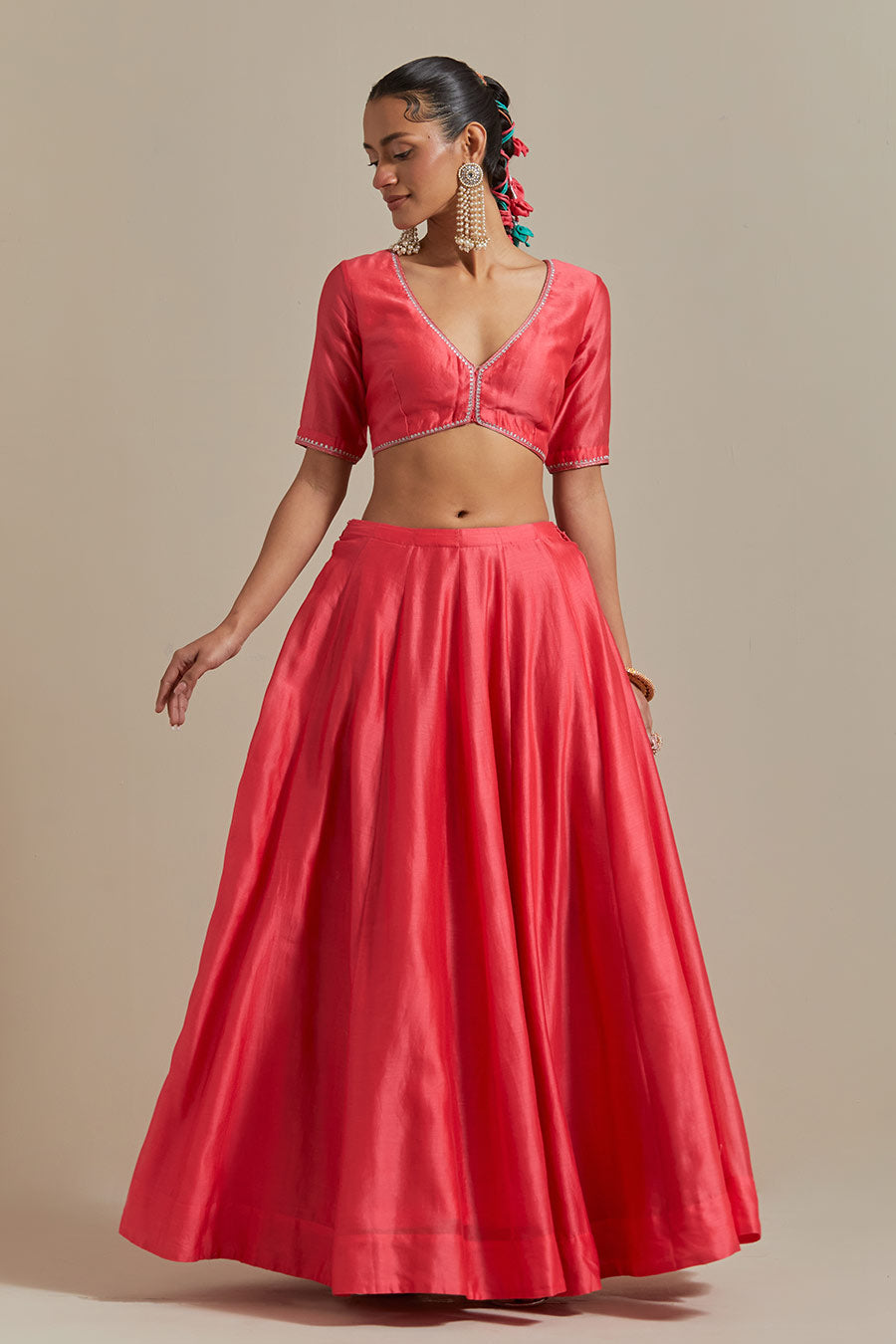 Pink Embroidered Panelled Lehenga Set (Set Of 3)