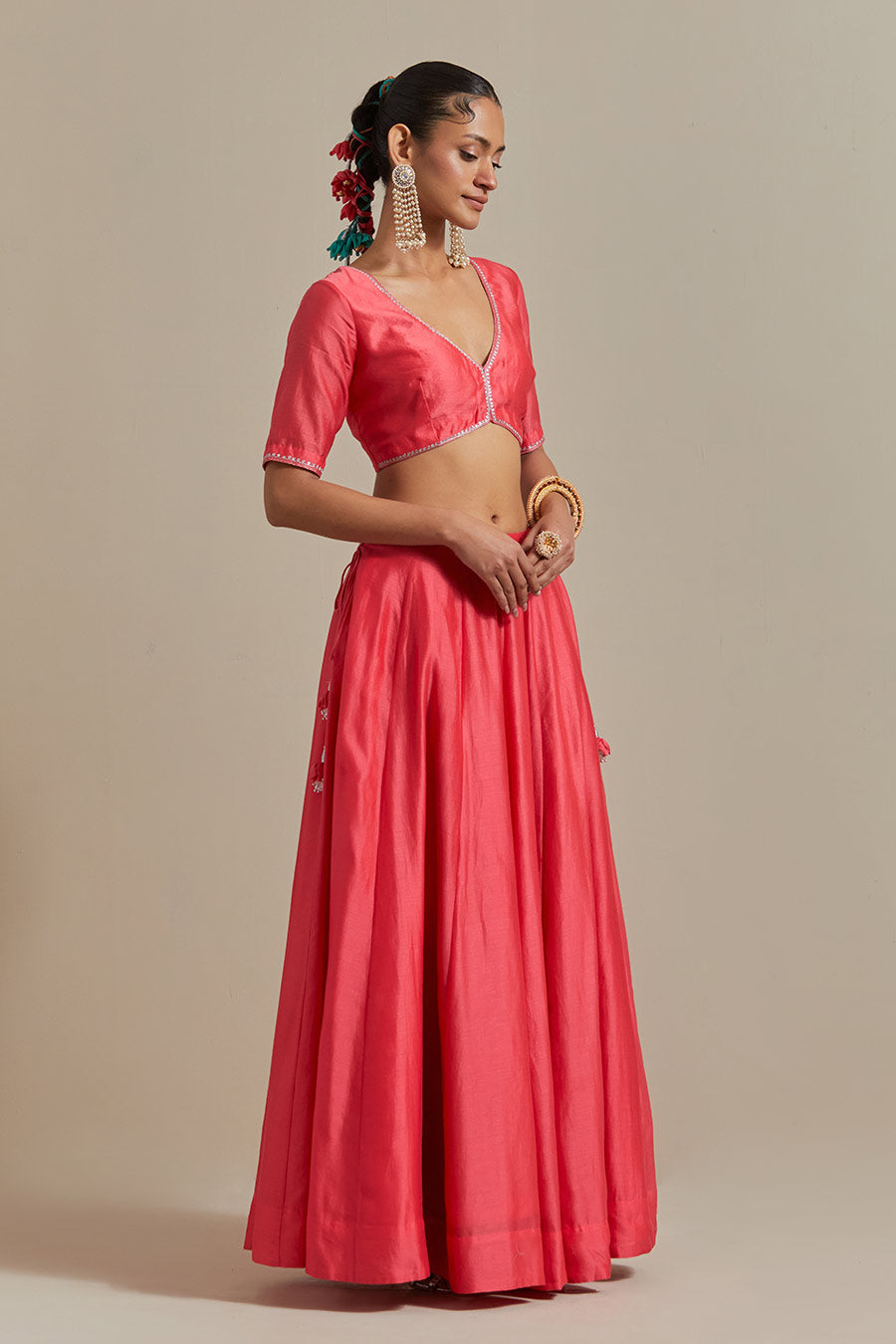 Pink Embroidered Panelled Lehenga Set (Set Of 3)