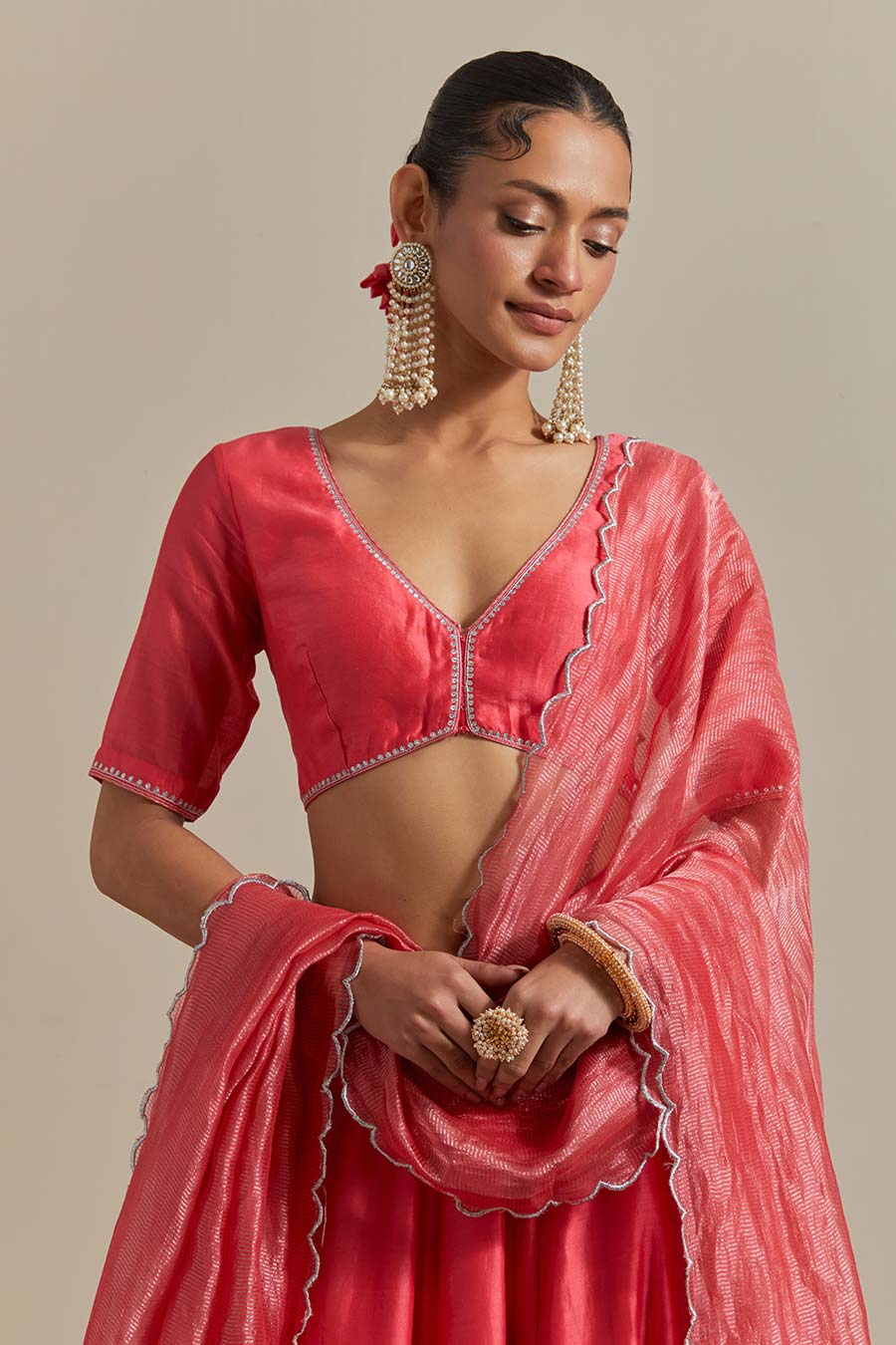 Pink Embroidered Panelled Lehenga Set (Set Of 3)