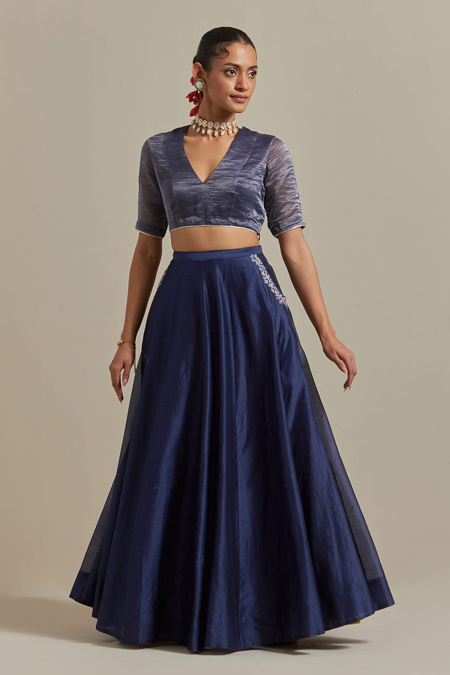 Blue Embroidered Chanderi Lehenga Set With Colour-Block Dupatta (Set Of 3)