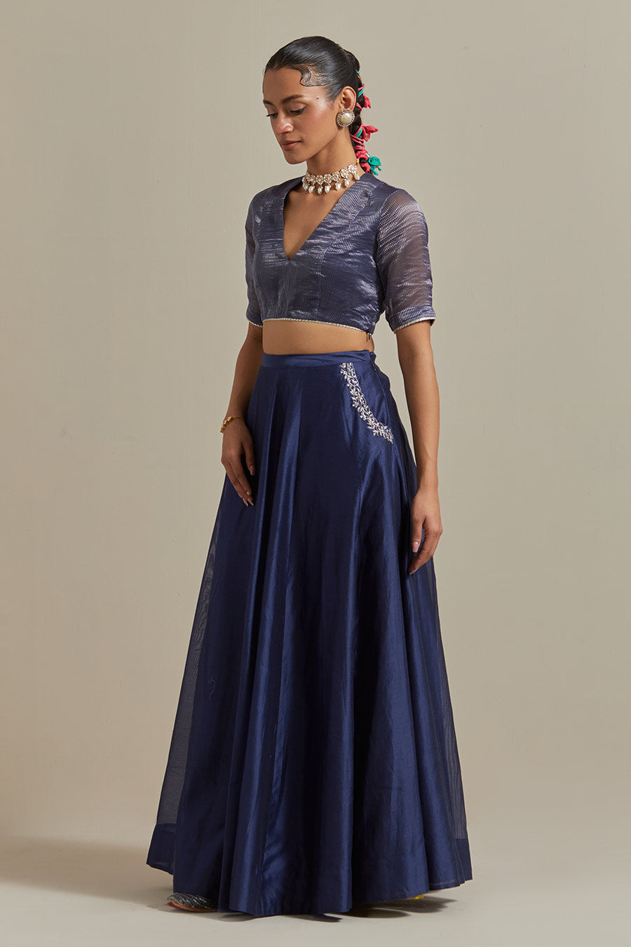 Blue Embroidered Chanderi Lehenga Set With Colour-Block Dupatta (Set Of 3)