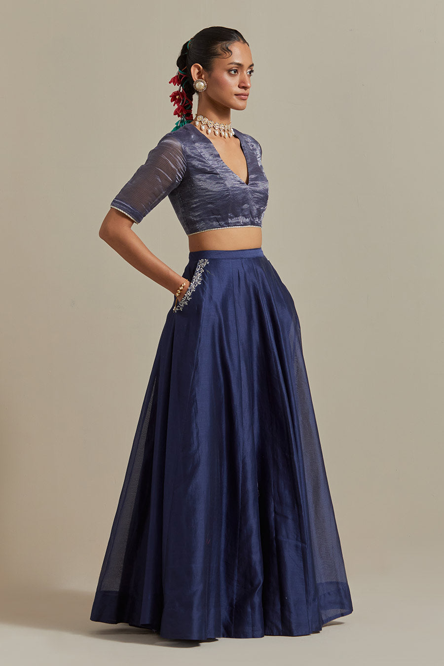 Blue Embroidered Chanderi Lehenga Set With Colour-Block Dupatta (Set Of 3)