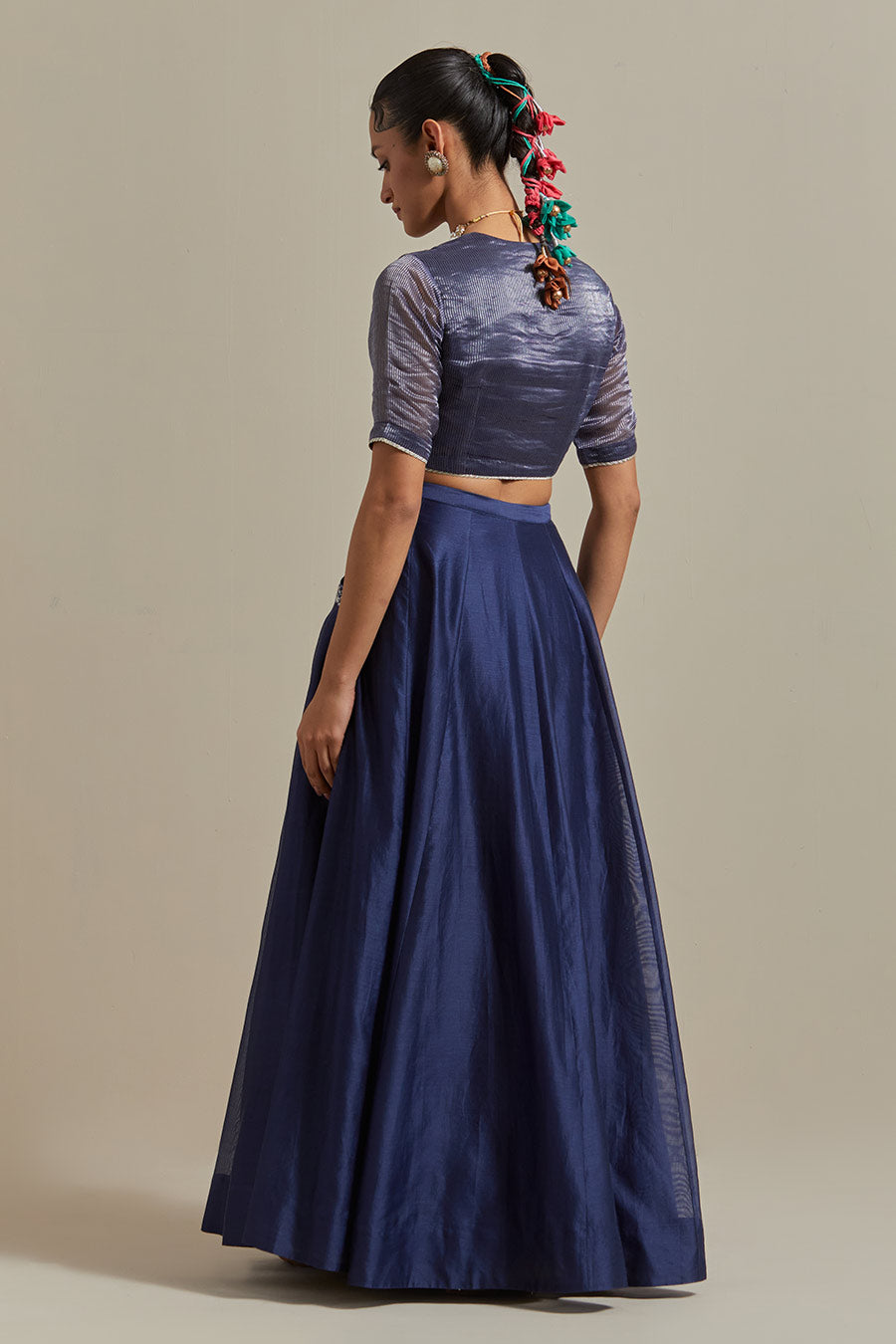 Blue Embroidered Chanderi Lehenga Set With Colour-Block Dupatta (Set Of 3)