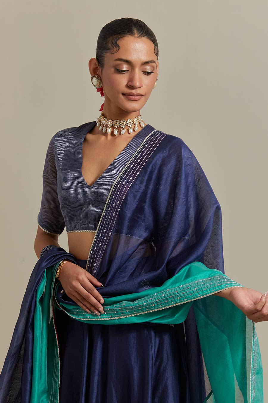 Blue Embroidered Chanderi Lehenga Set With Colour-Block Dupatta (Set Of 3)