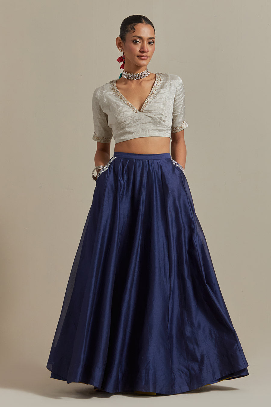 Silver & Blue Zari Striped Embroidered Lehenga Set (Set Of 3)