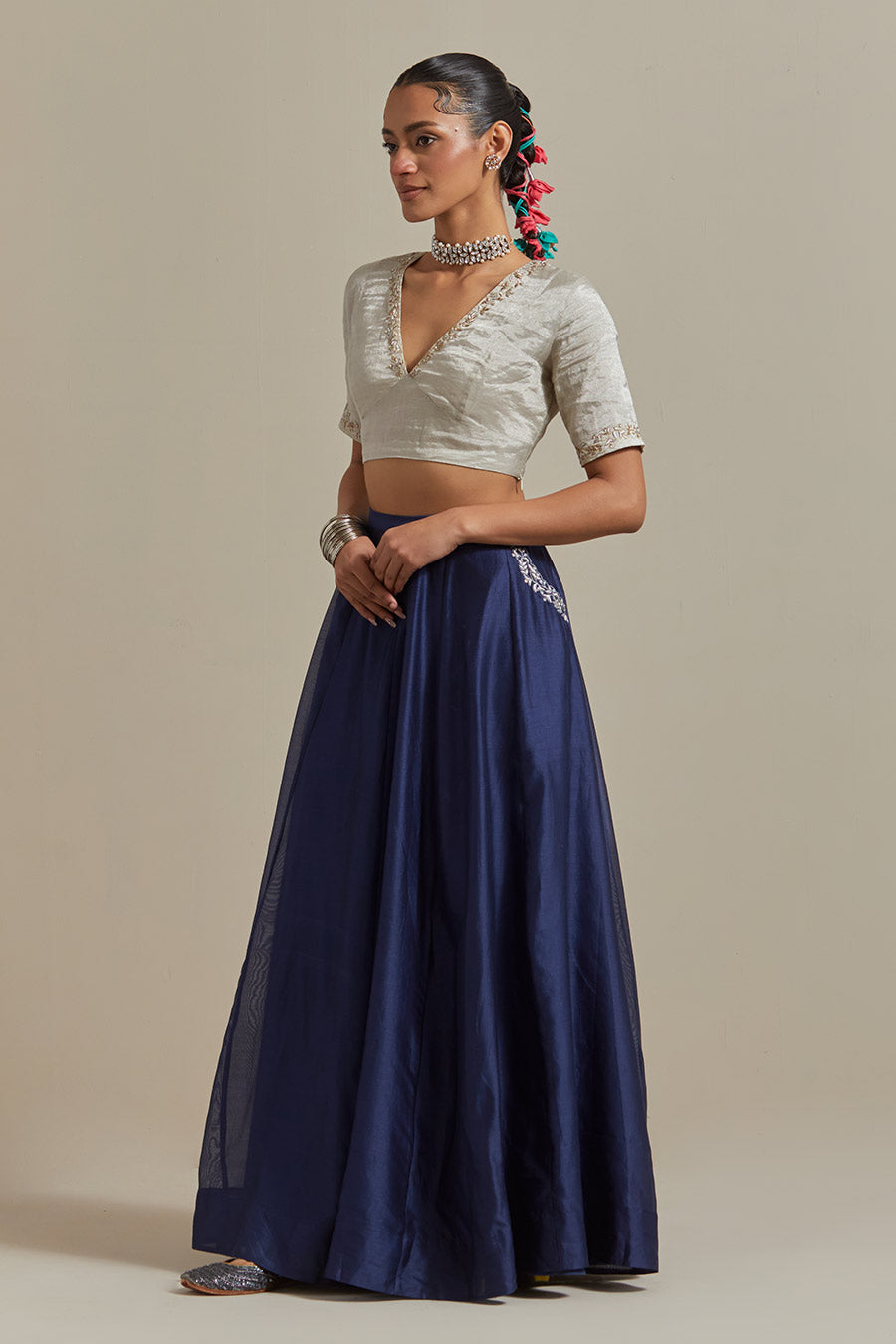 Silver & Blue Zari Striped Embroidered Lehenga Set (Set Of 3)
