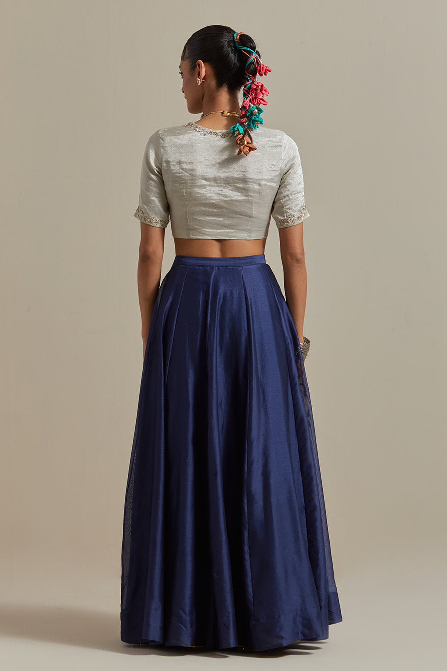 Silver & Blue Zari Striped Embroidered Lehenga Set (Set Of 3)