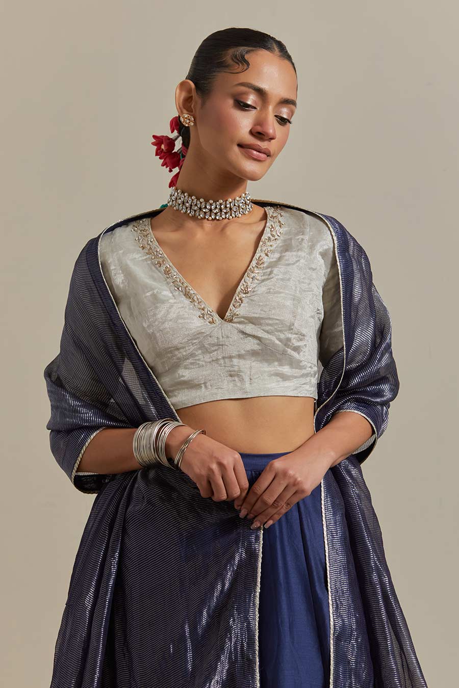 Silver & Blue Zari Striped Embroidered Lehenga Set (Set Of 3)