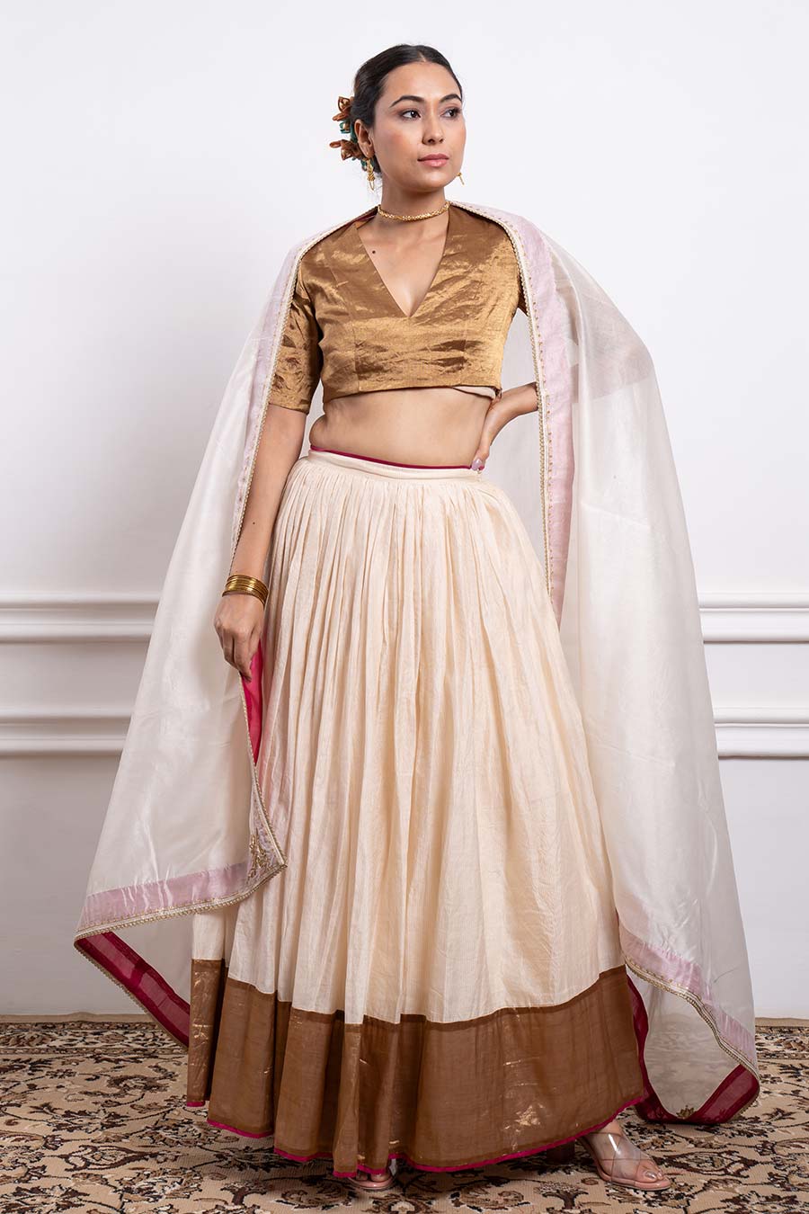 Ivory Gold Zari Blouse & Chanderi Lehenga With Embroidered Dupatta Set (Set Of 3)