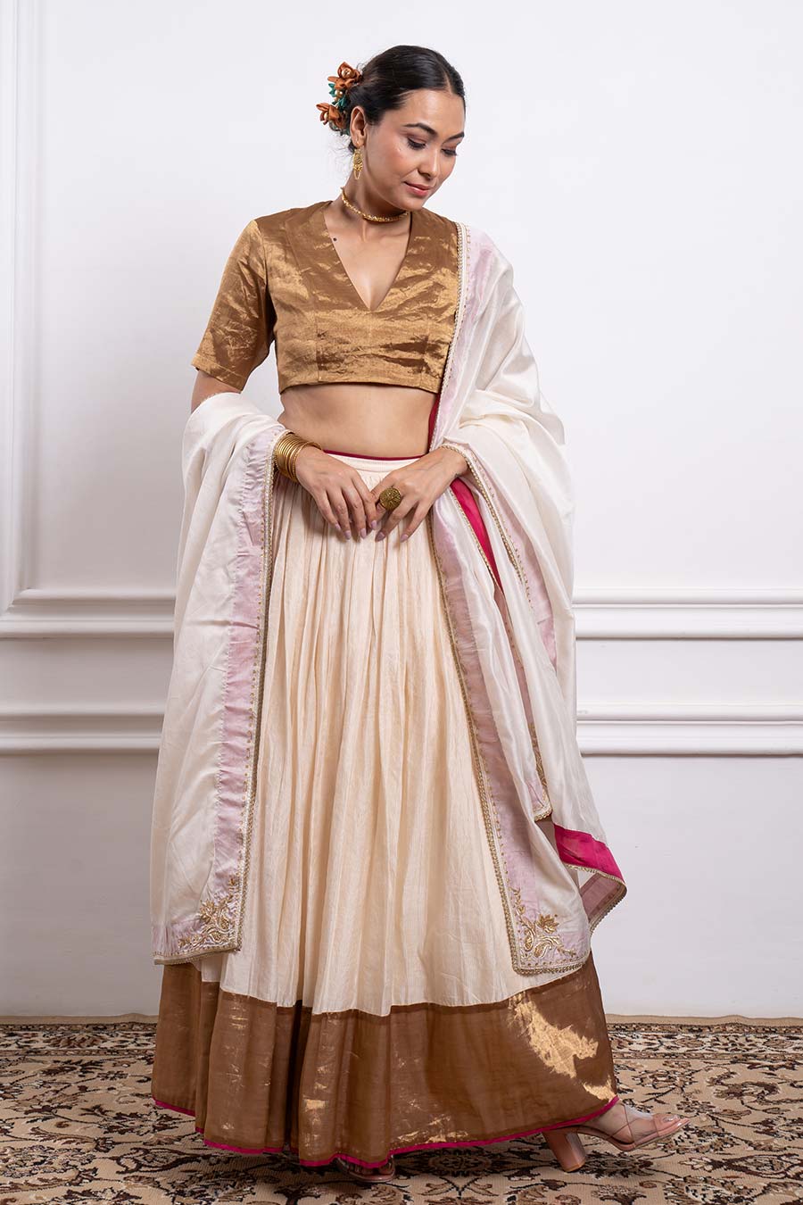 Ivory Gold Zari Blouse & Chanderi Lehenga With Embroidered Dupatta Set (Set Of 3)
