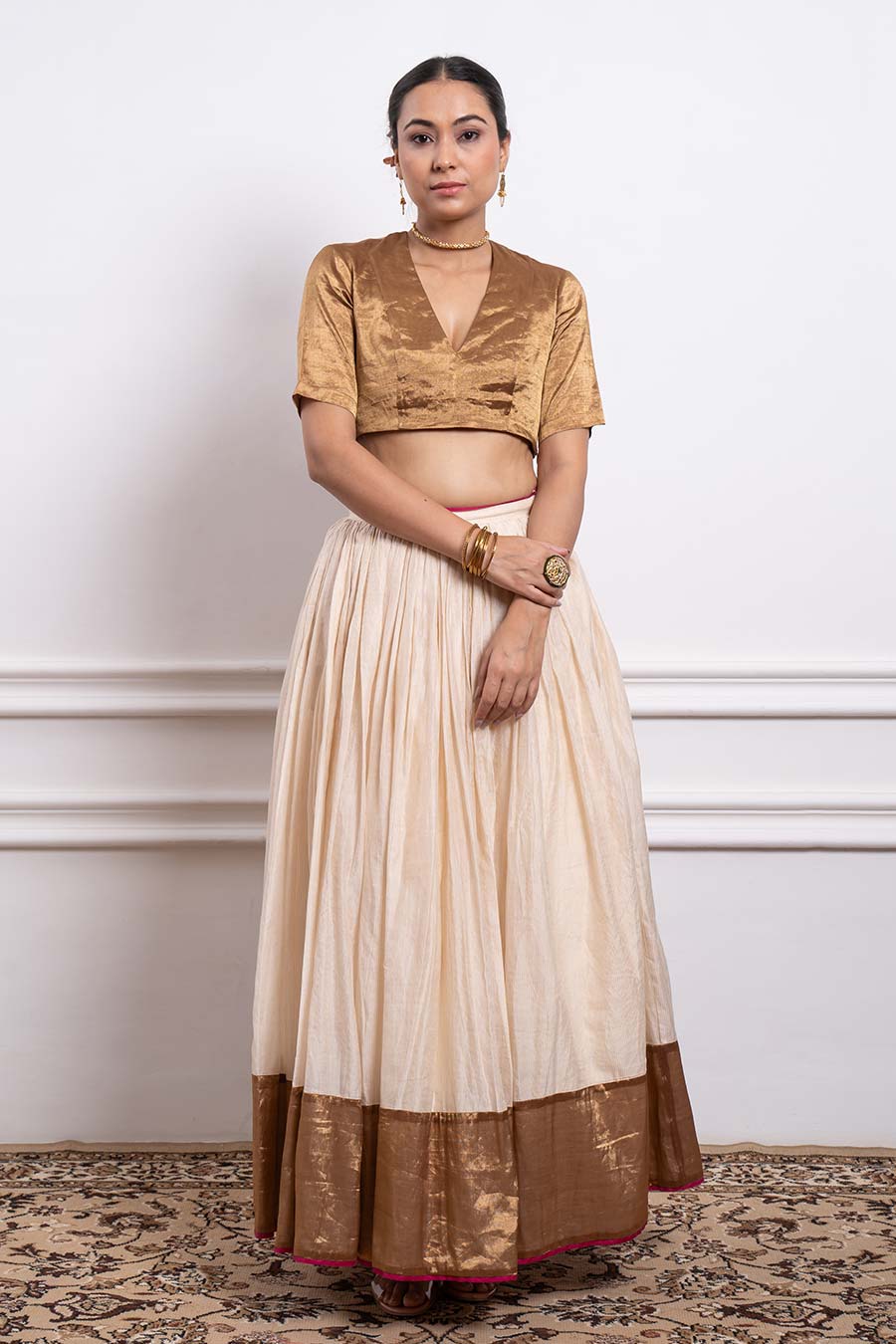 Ivory Gold Zari Blouse & Chanderi Lehenga With Embroidered Dupatta Set (Set Of 3)