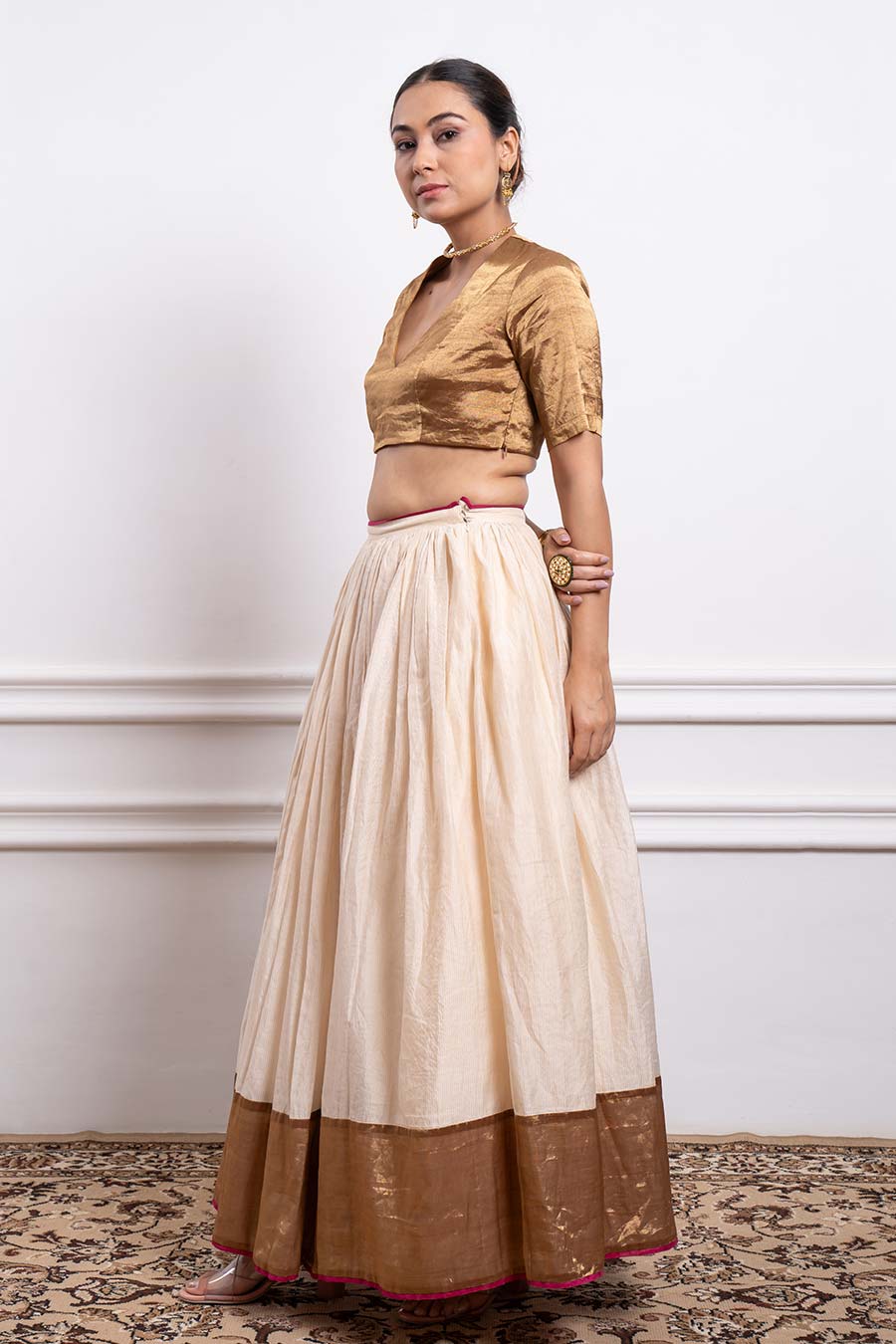 Ivory Gold Zari Blouse & Chanderi Lehenga With Embroidered Dupatta Set (Set Of 3)