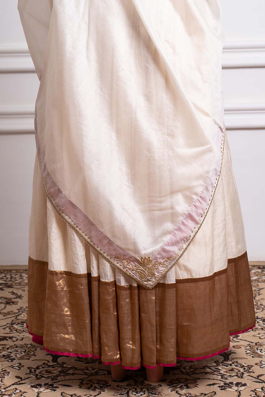 Ivory Gold Zari Blouse & Chanderi Lehenga With Embroidered Dupatta Set (Set Of 3)