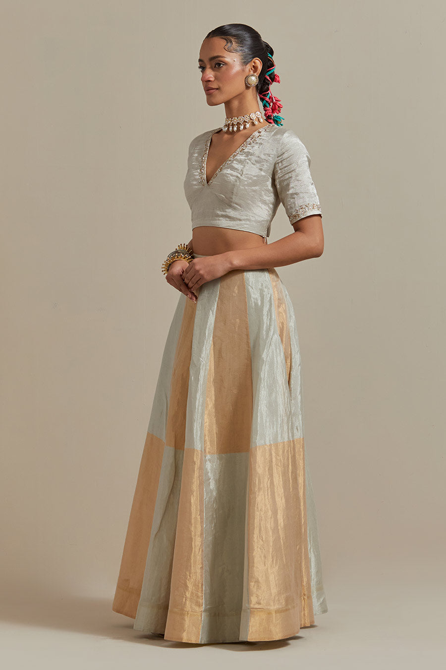 Silver & Gold Zari Silk Embroidered Lehenga Set (Set Of 3)