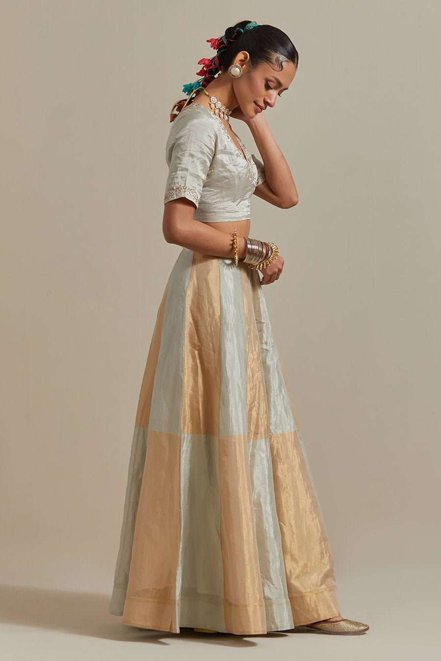 Silver & Gold Zari Silk Embroidered Lehenga Set (Set Of 3)