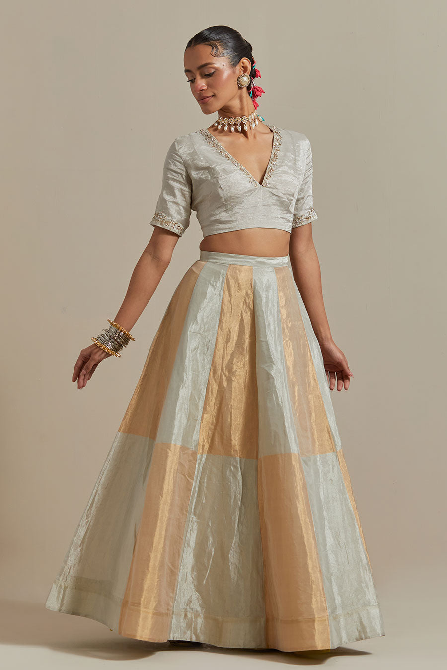 Silver & Gold Zari Silk Embroidered Lehenga Set (Set Of 3)
