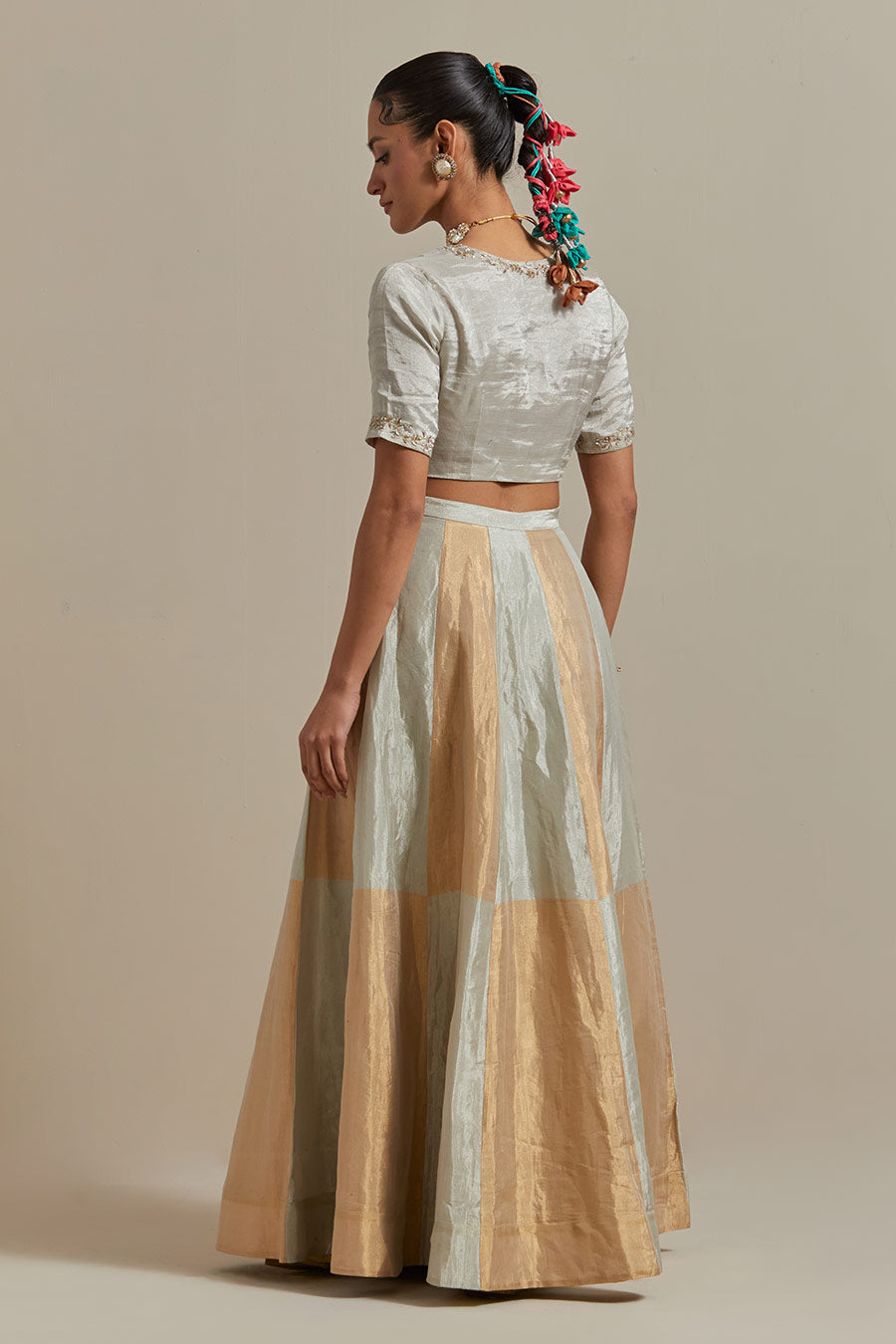 Silver & Gold Zari Silk Embroidered Lehenga Set (Set Of 3)