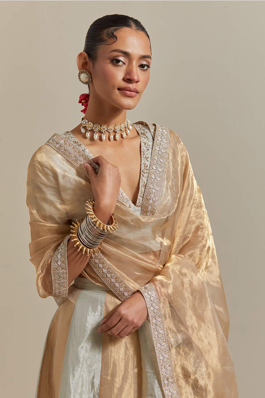 Silver & Gold Zari Silk Embroidered Lehenga Set (Set Of 3)